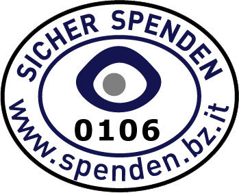 Logo mit der Aufschrift SICHER SPENDEN und der Website www.spenden.bz.it umrahmt von einem Auge und der Nummer 0106.