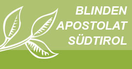 Drei stilisierte weiße Blätter auf grünem Hintergrund neben dem Text Blinden Apostolat Südtirol.