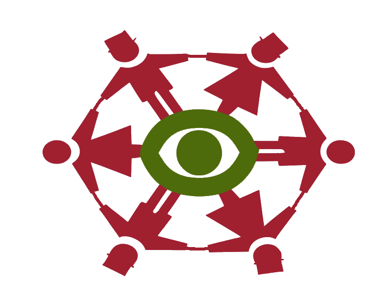 Ein grünes Auge in der Mitte eines roten Zahnradmusters.